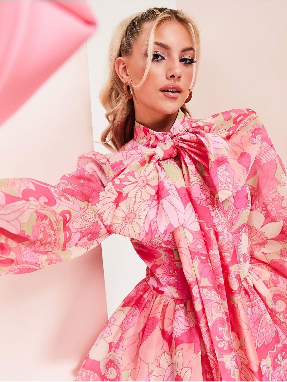 ASOS LUXE chiffon mini swing dress with pussybow in pink floral